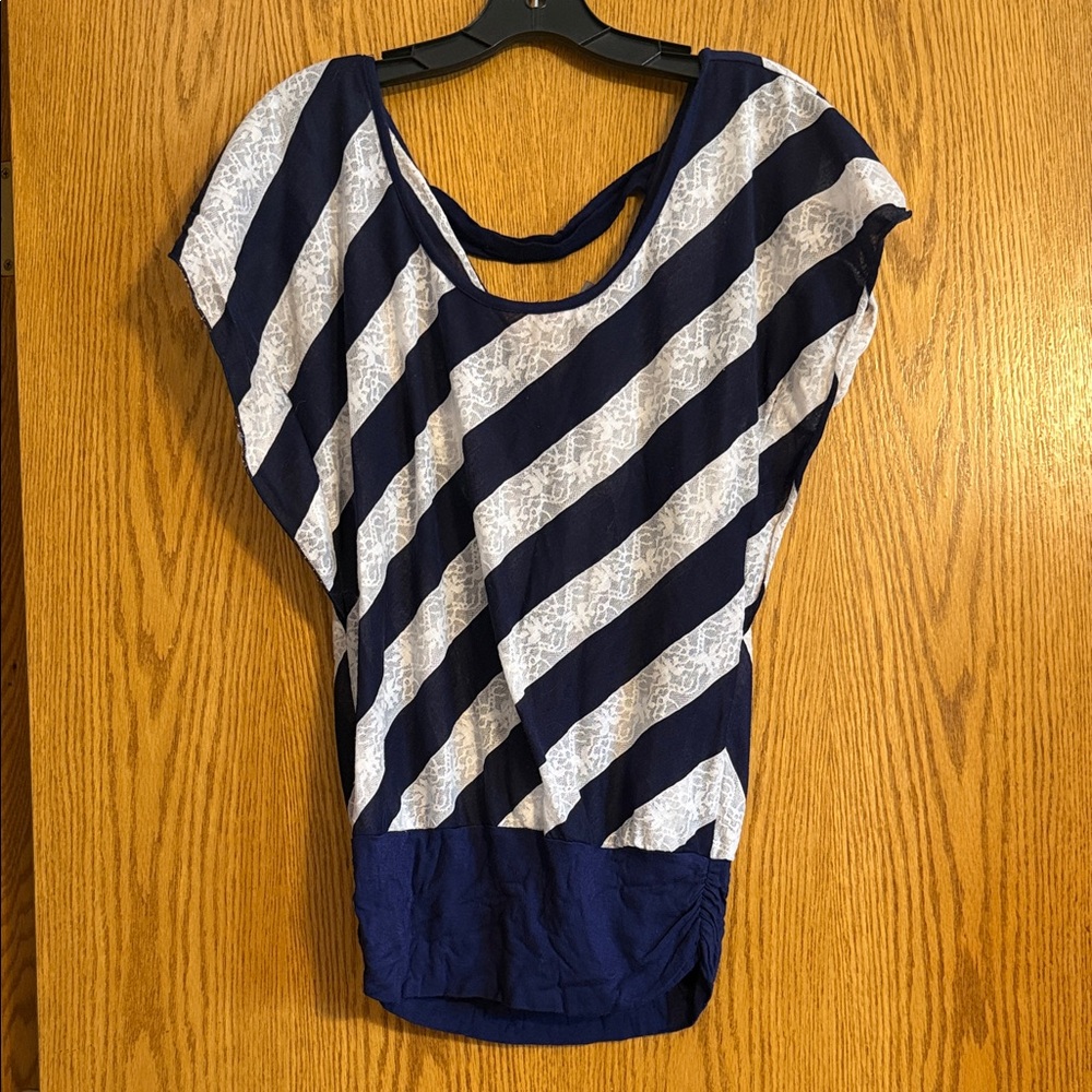Vanity Navy and White Diagonal Striped Blouse